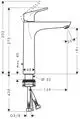 Ein einhebeliger Waschtischmischer von Hansgrohe mit einem klaren, modernen Design und einem Zugstangen-Ablaufsystem. Maße und Details sind im technischen Diagramm angegeben.